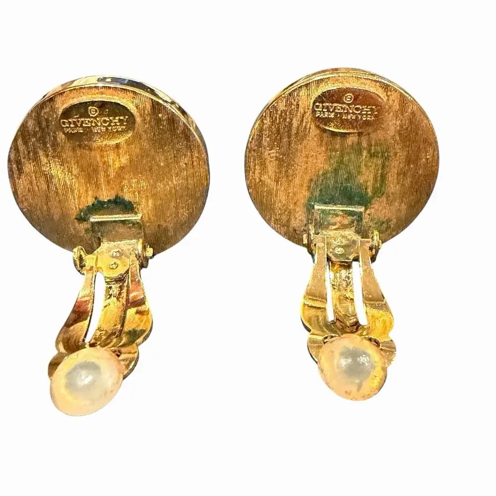 Givenchy Paris New York Carved Fan Onyx Black Gold Tone Clip On Earrings 80s